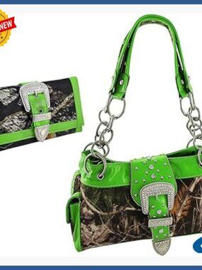 Faux Leather Satchel Handbag with Matching Wallet, Western Buckle Design